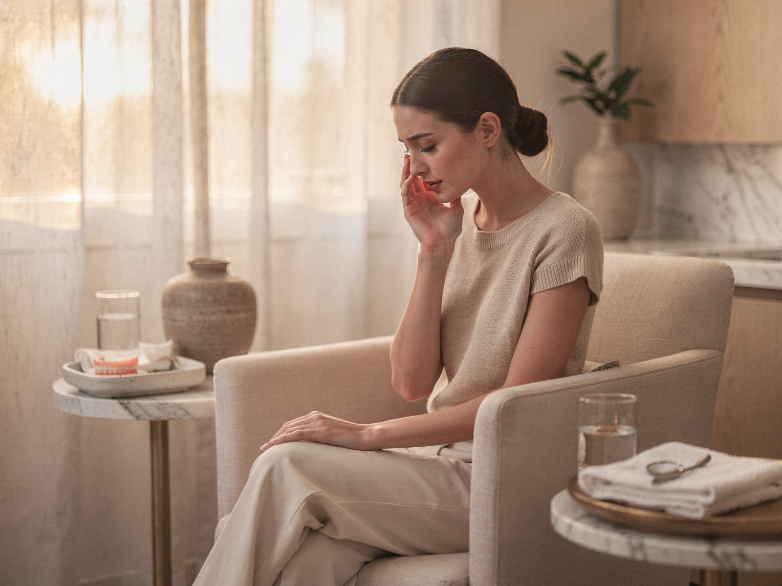 Woman holding her cheek in pain while sitting in a bright, minimalist living room